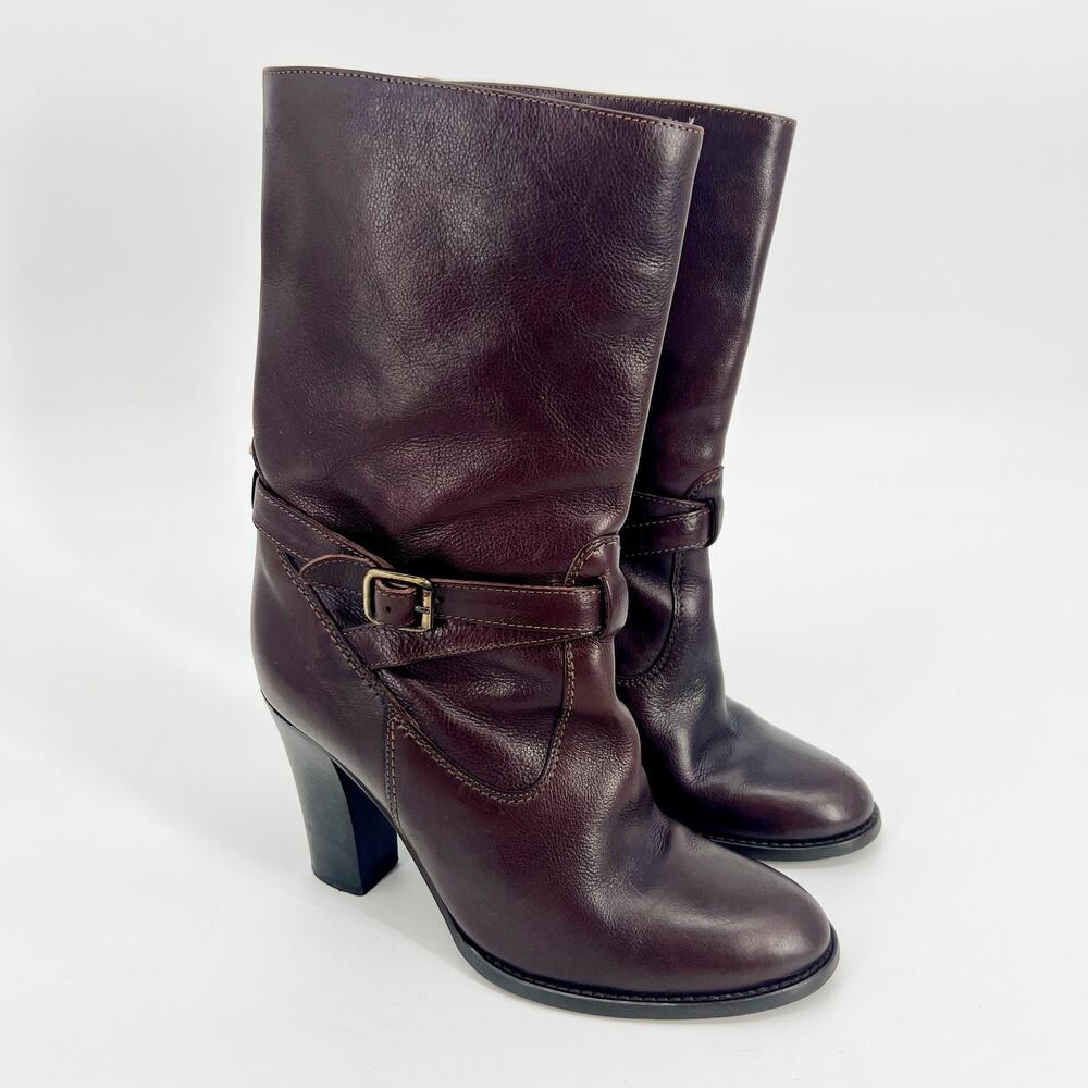 J.Crew Tenley Mid Calf Boot Womens 7 Vechetta Brown Leather Ankle Strap Italy